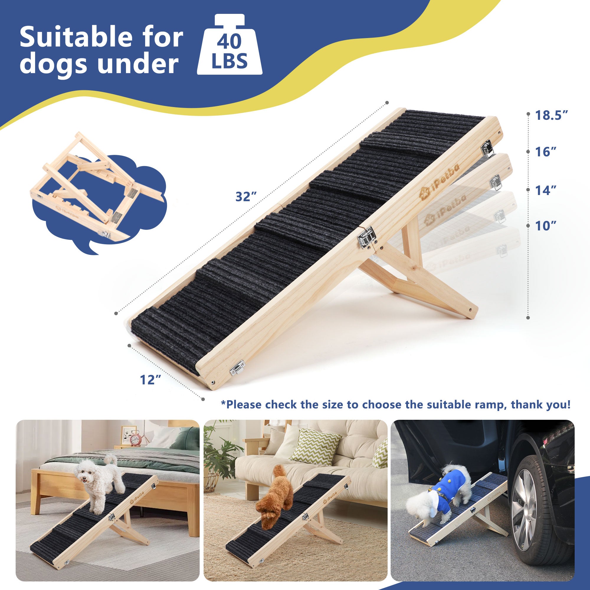 iPetba Wooden Dog Ramp for Small Pets | Foldable, Safe Bed & Couch Helper (up to 35 lbs)