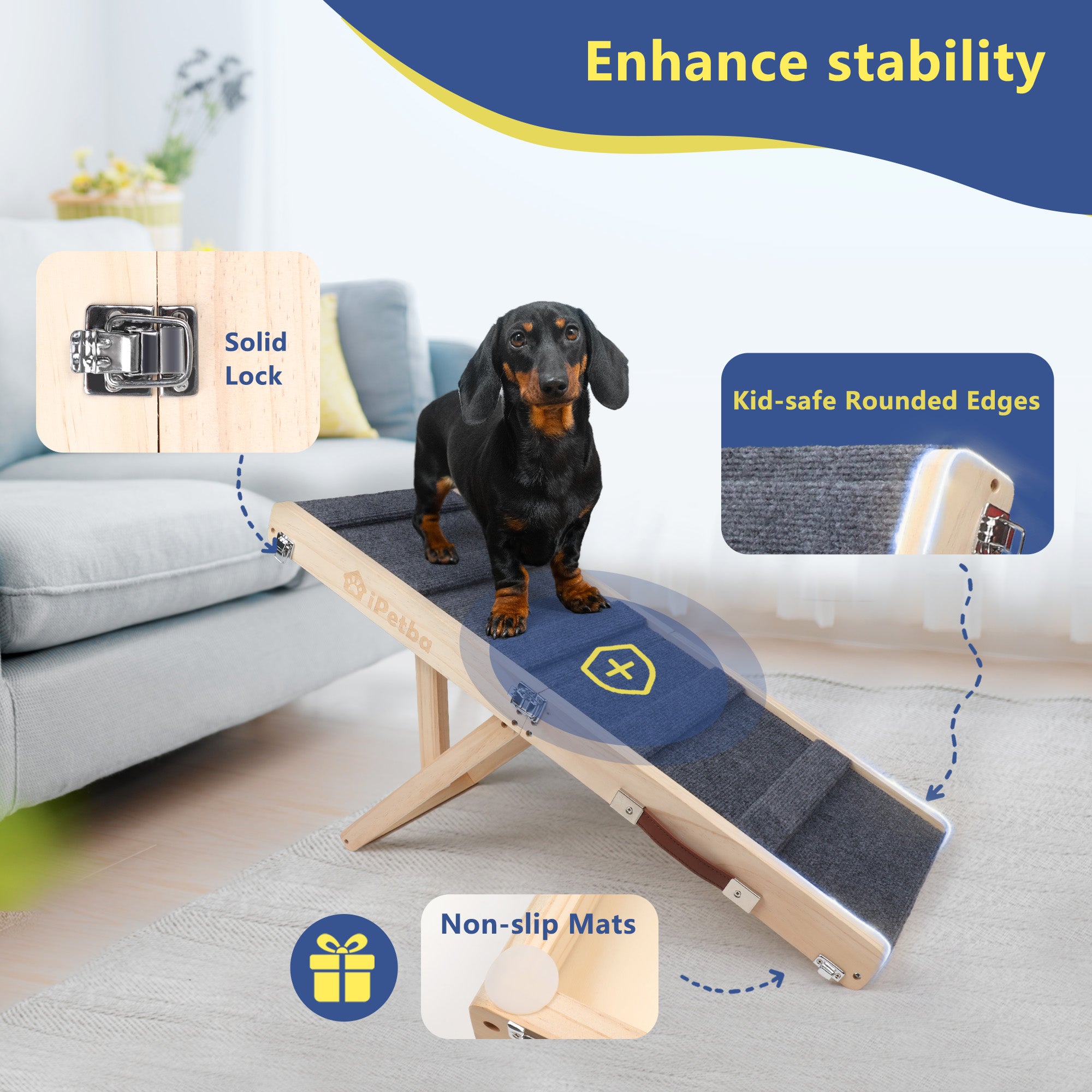 iPetba Wooden Dog Ramp for Small Pets | Foldable, Safe Bed & Couch Helper Gray (up to 35 lbs)
