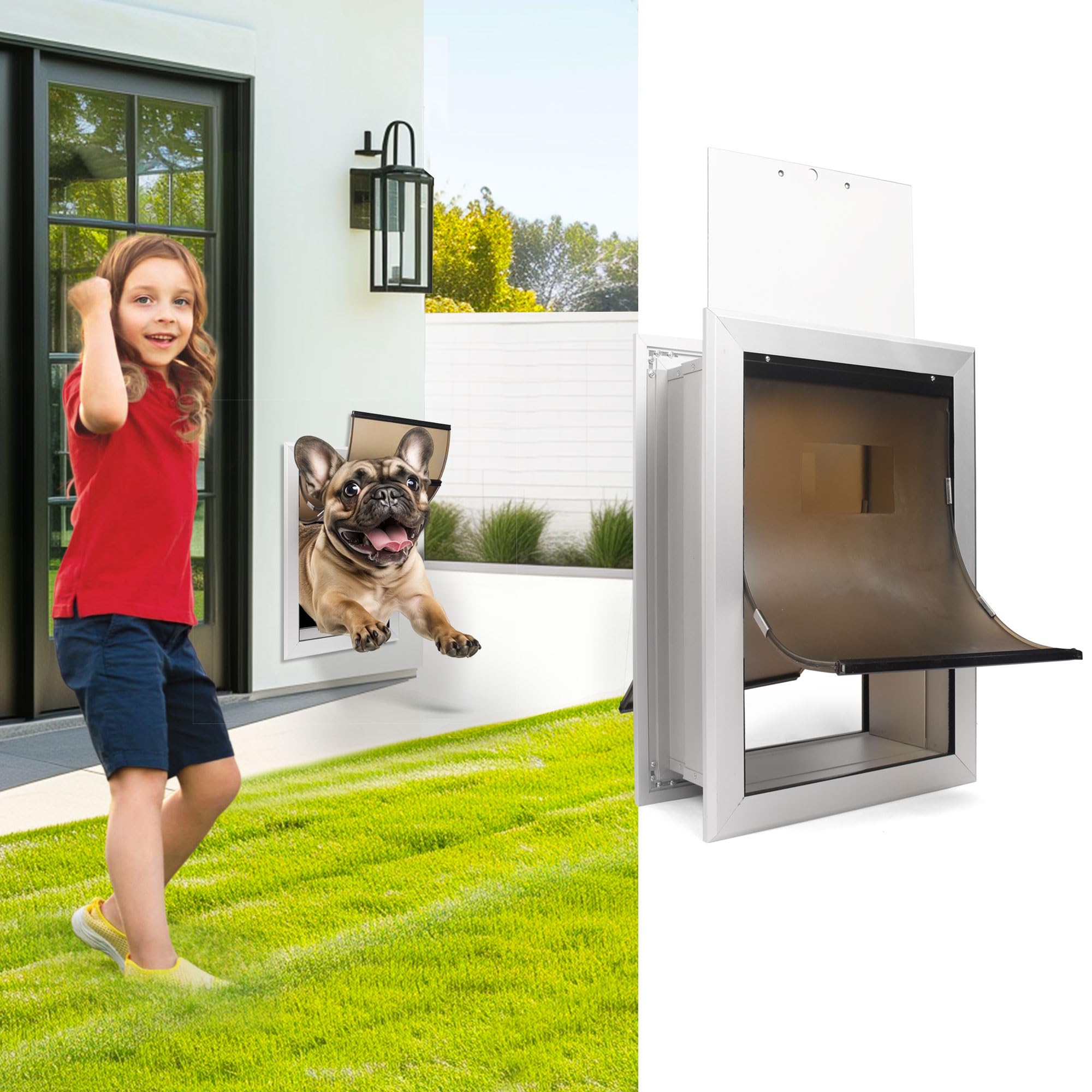 iPetba Heavy Duty Wall Dog Door - Aluminum Frame with Magnetic Double Flaps (Extreme Weather Proof)
