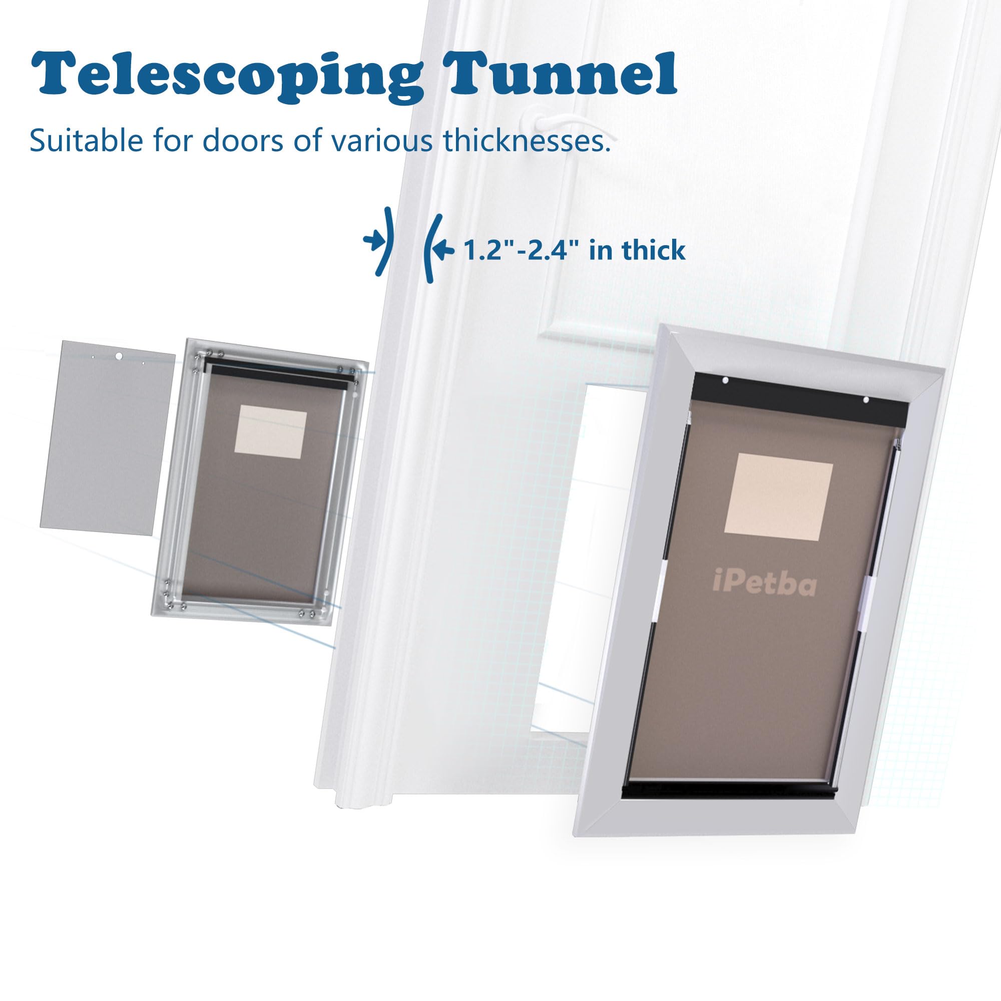 iPetba Heavy Duty Aluminum Dog Door - Telescoping All-Weather Pet Door for Sliding & Standard Doors