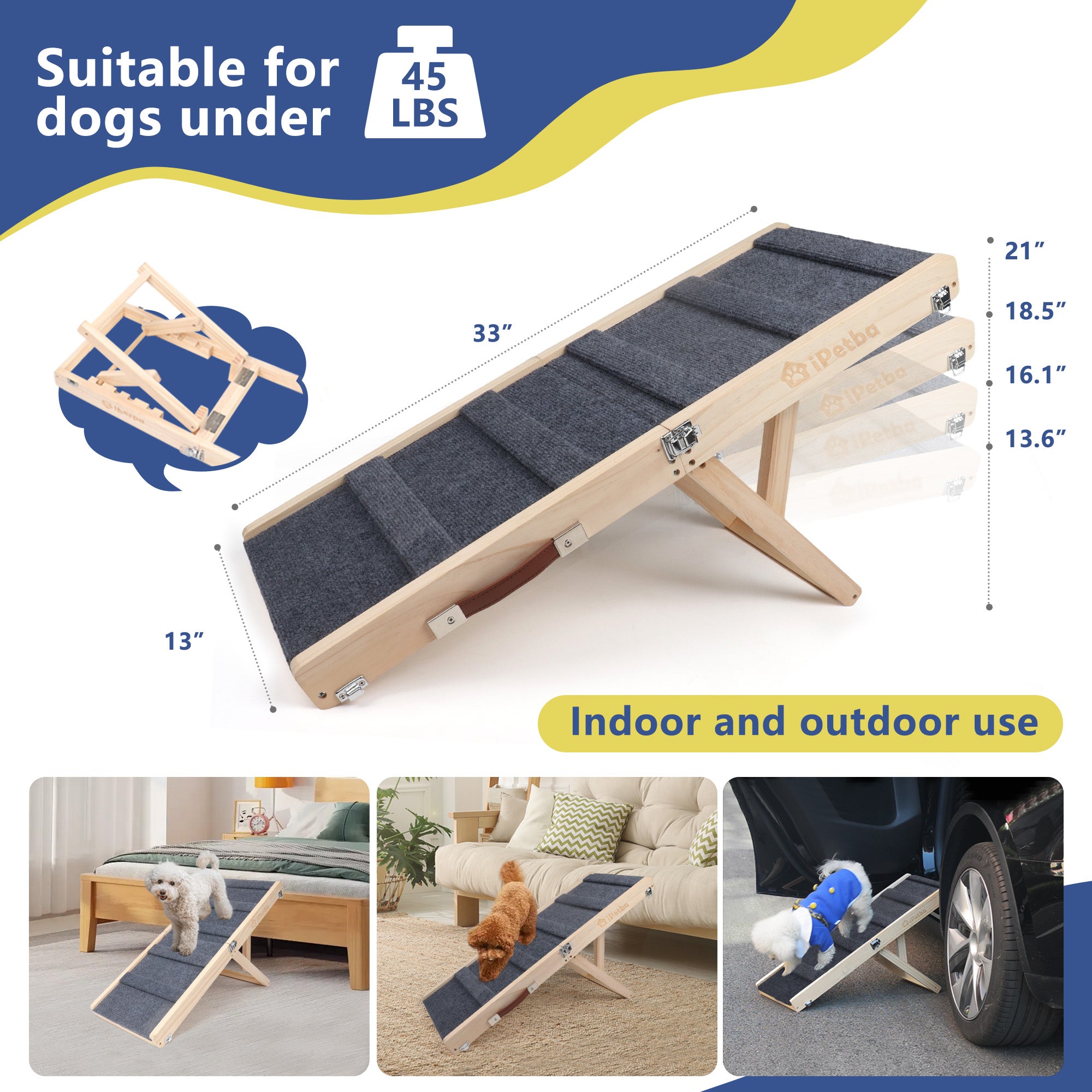 iPetba Wooden Dog Ramp for Small Pets | Foldable, Safe Bed & Couch Helper Gray (up to 35 lbs)