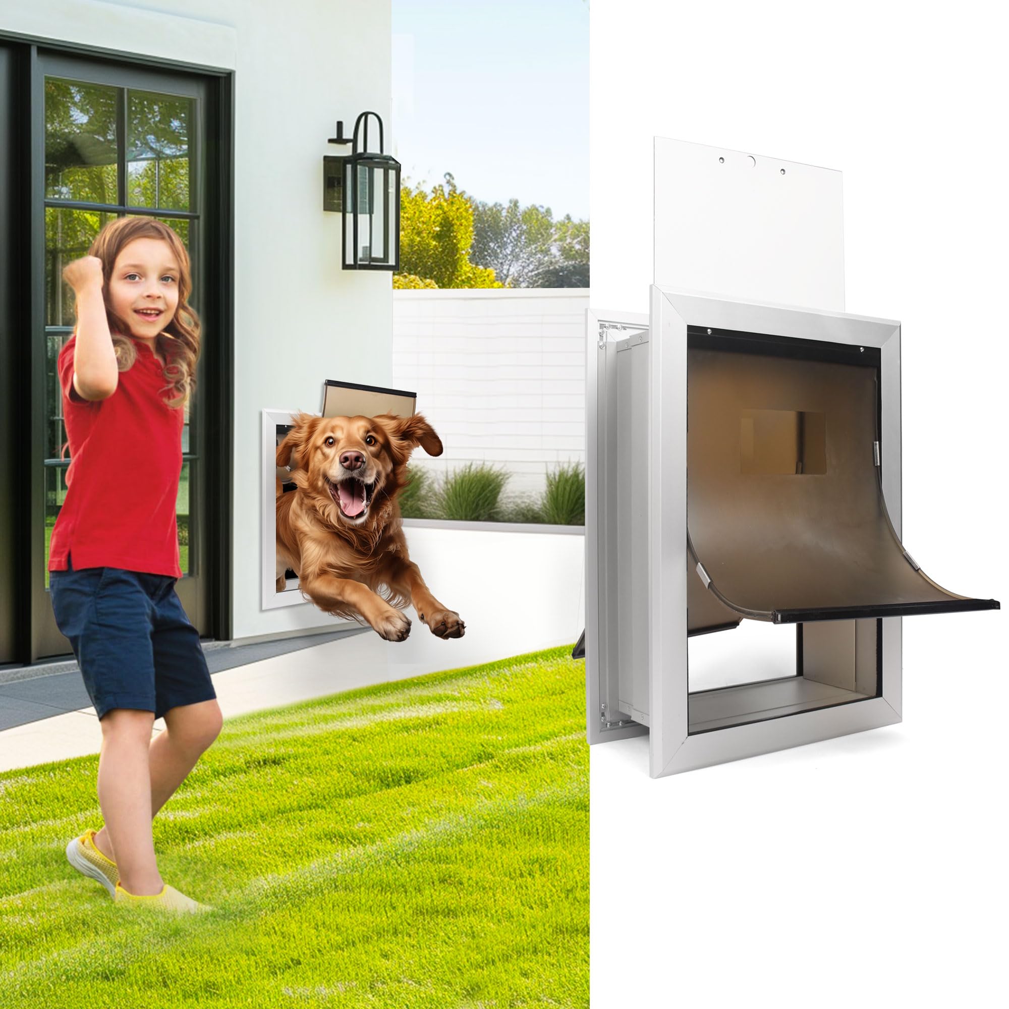iPetba Heavy Duty Wall Dog Door - Aluminum Frame with Magnetic Double Flaps (Extreme Weather Proof)